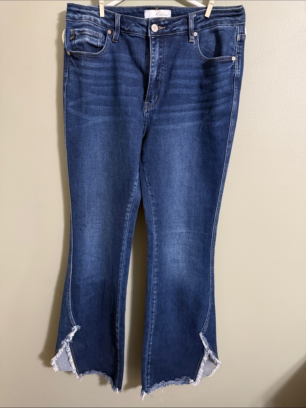 KanCan Dark Blue Frayed Split Hem Flare Jeans